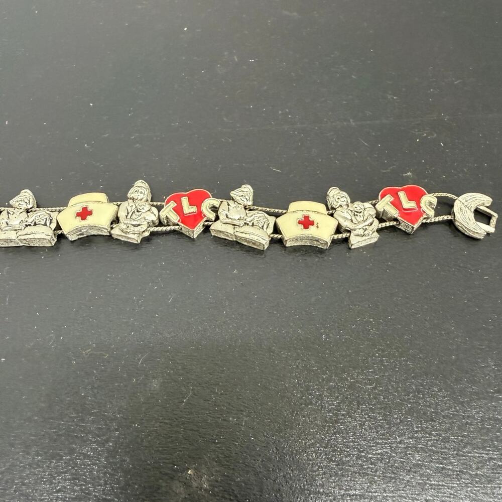 Pediatric Nurse Slide Charm Bracelet Vintage Silver Tone Double Strand 8 Charms